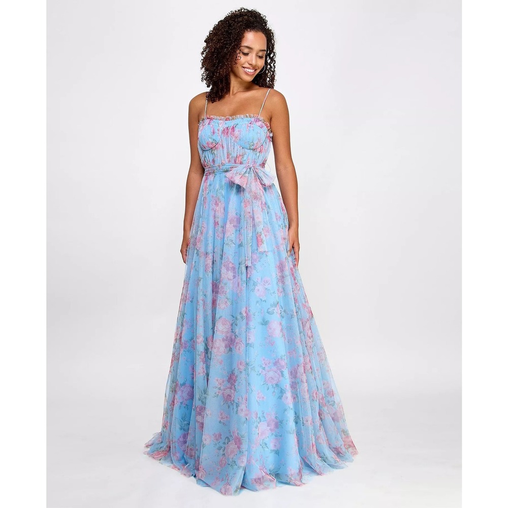 NEW City Studio Blue Floral Tulle Bustier Maxi Dress Gown Pink‎ Roses Size 0